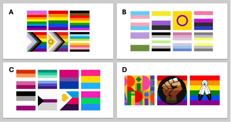 Four slides showing different groupings of various LGBTQIA flag variations