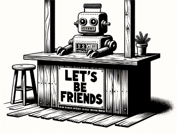 Illustration created Dall-E with: Please create a black and white drawing similar to a Sunday Newspaper Cartoon. The illustration should depict a simple, handmade wooden booth. The booth should have a sign on the top that reads "Let's be friends" and have a table, also wooden, behind which sits a friendly 50's Sci-Fi style robot.  