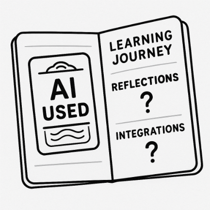 A passport-style document labeled “Learning Journey.” One page has a large “AI Used” stamp. Another has question marks over the “Reflections” and “Integrations” sections. 