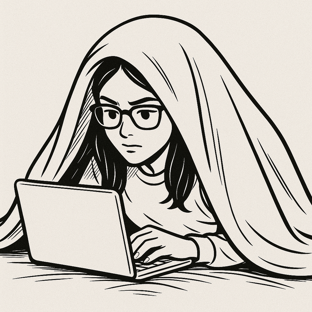 Girl looking at laptop hidden under blanket.