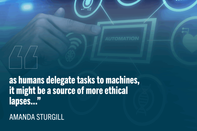 Hand pointint at blue light screen that says automation with quote text "as humans delegate tasks to machines, it might be a source of more ethical lapses...”