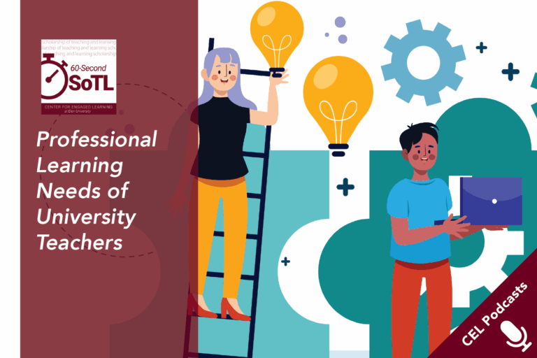 Cartoon figures of a woman climbing a ladder, holding a lightbulb, and a man holding a laptop in front of abstract gears. Text overlays read, "CEL Podcasts. 60-Second SoTL. Professional learning needs of university teachers."