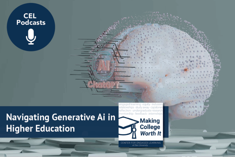 An image of a brain floats in the background, the brain itself is infused with robotic parts and it reads “AI” on front of the brain. Text overlay reads, “CEL Podcasts. Making College Worth It. Navigating Generative AI in Higher Education”