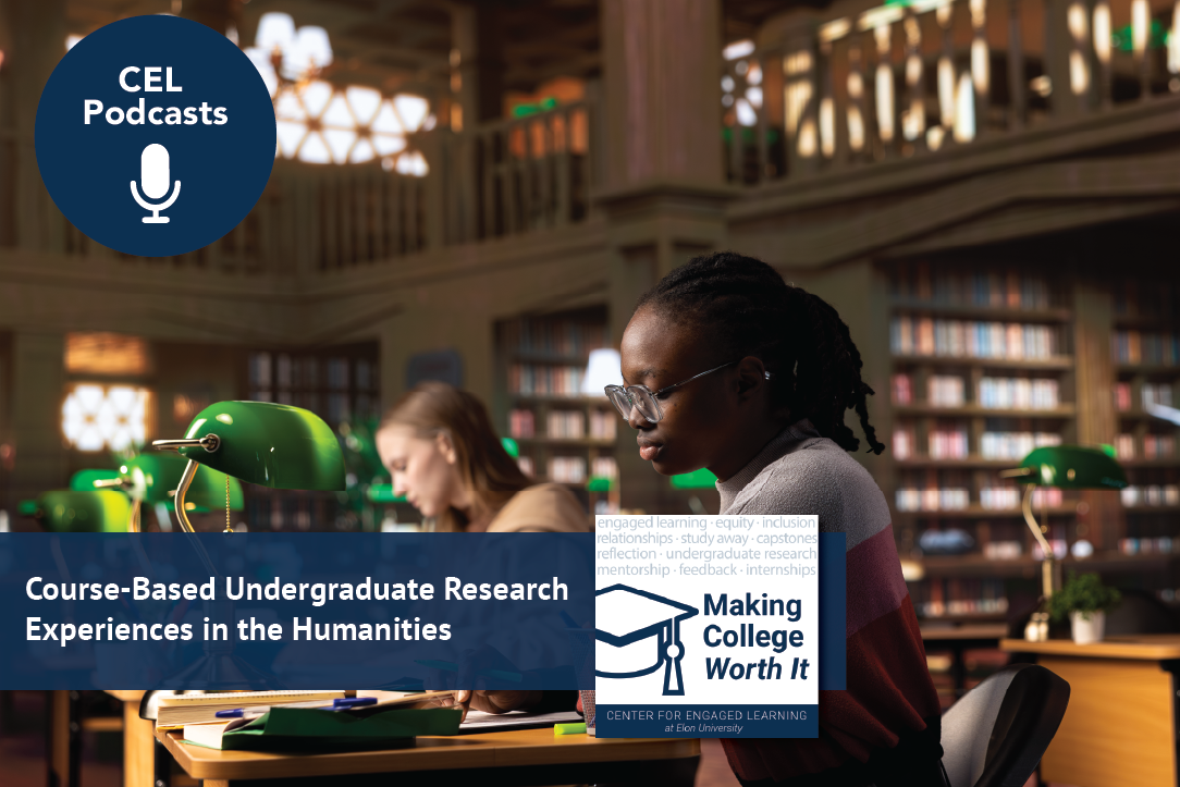 A college student is working in the library at a desk, text on the screen reads, “Course-Based Undergraduate Research Experiences in the Humanities”.