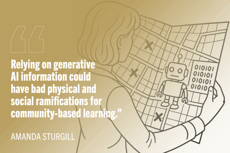 Digital illustration of woman looking at map with robot grid. text reads: "Relying on generative AI information could have bad physical and social ramifications for community-based learning.”