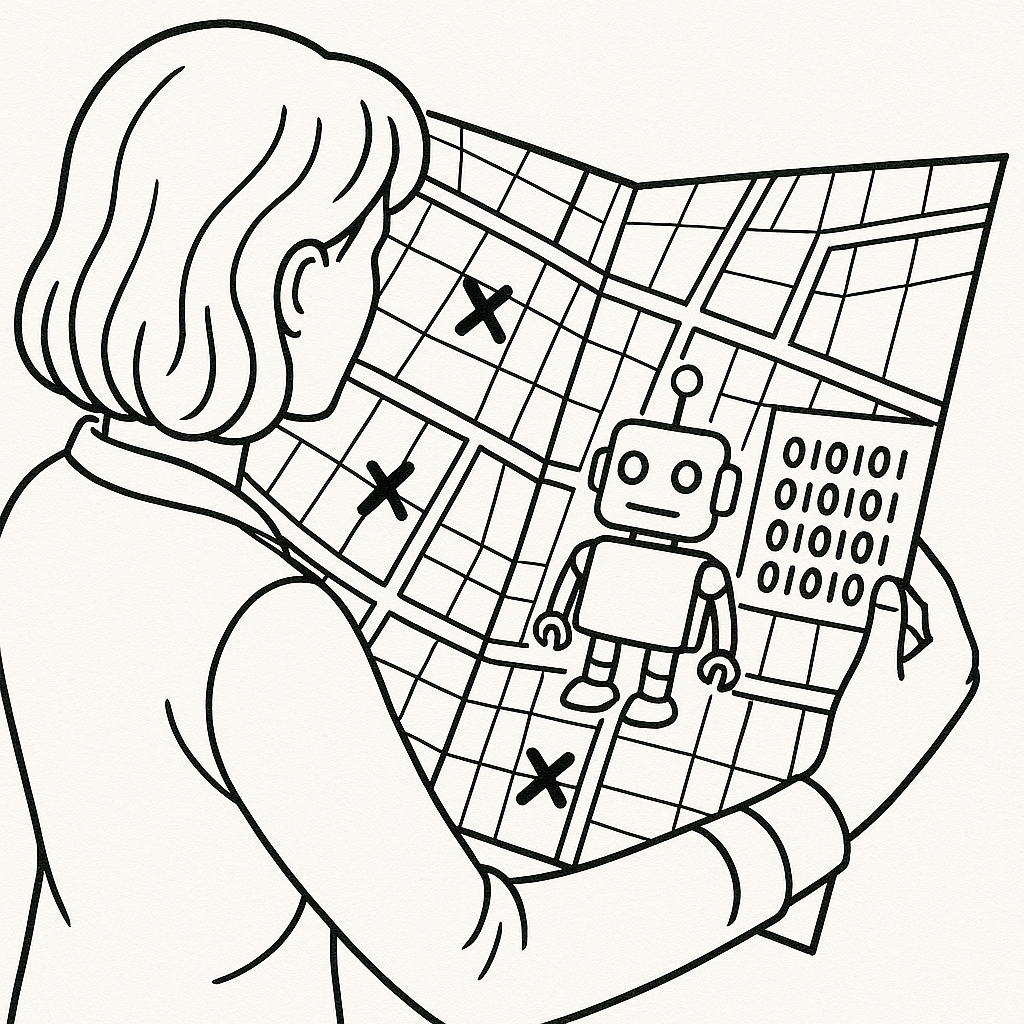 Black-and-white line art image that views over the shoulder a person looking at a large map she is holding. On the map should be several Xs marking points of interest and one cartoon robot.