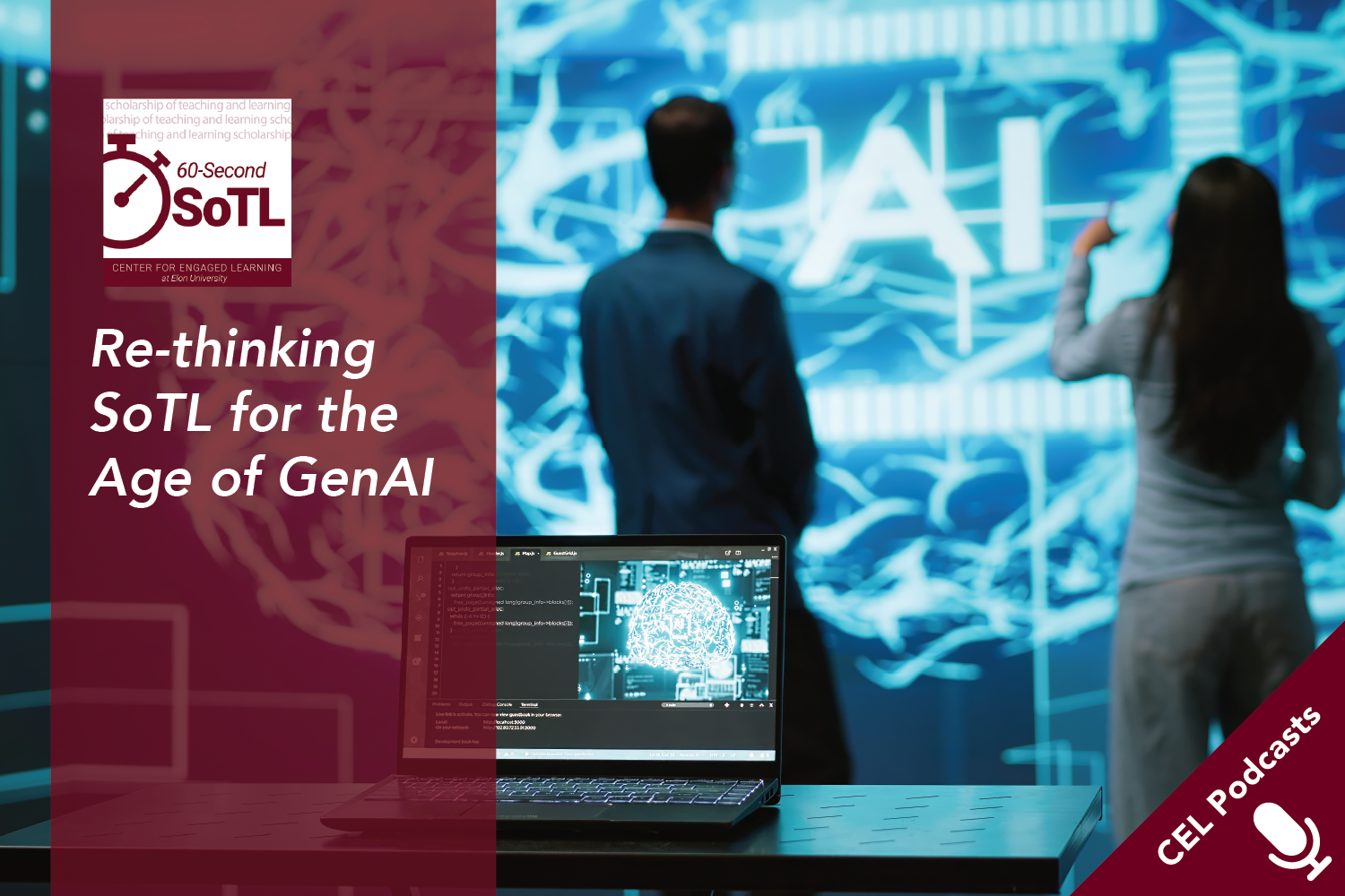 Two people stand in front of a projected image of a network pattern with "AI" in the middle of the image. Text overlays read, "CEL Podcasts. 60-Second SoTL. Re-thinking SoTL for the Age of GenAI."
