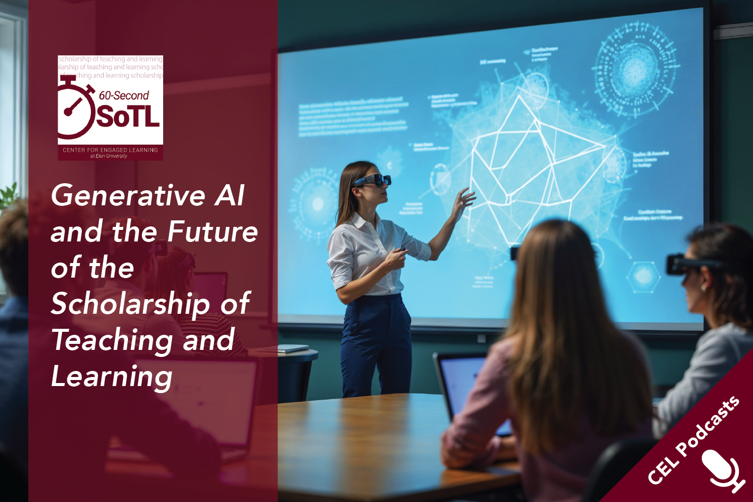 An instructor points at a projected image on a screen while wearing First-Person View (FPV) goggles. Adult learners sit at tables, also wearing FPV googles. Text overlays read, "CEL Podcasts. 60-Second SoTL. Generative AI and the future of the scholarship of teaching and learning."