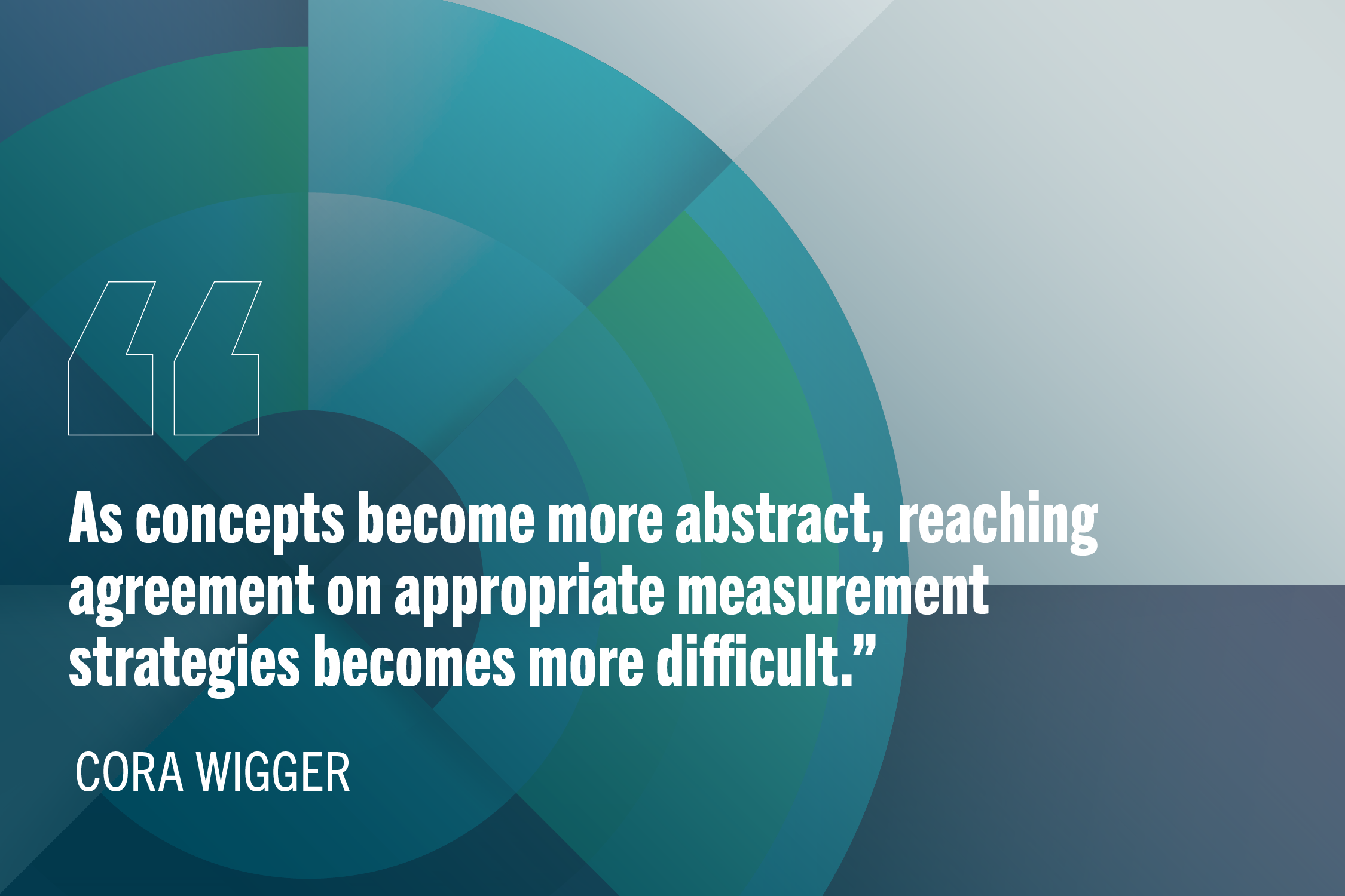"As concepts become more abstract, reaching agreement on appropriate measurement strategies becomes more difficult." -Cora Wigger