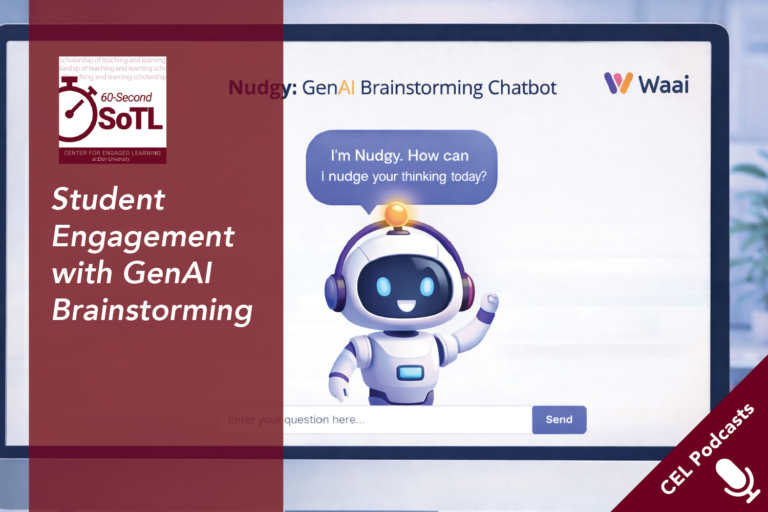 A cartoon robot on a desktop computer screen with a voice balloon with the text, "I'm Nudgy. How can I nudge your thinking today." Text overlays read, "CEL Podcasts. 60-Second SoTL. Student Engagement with GenAI Brainstorming."