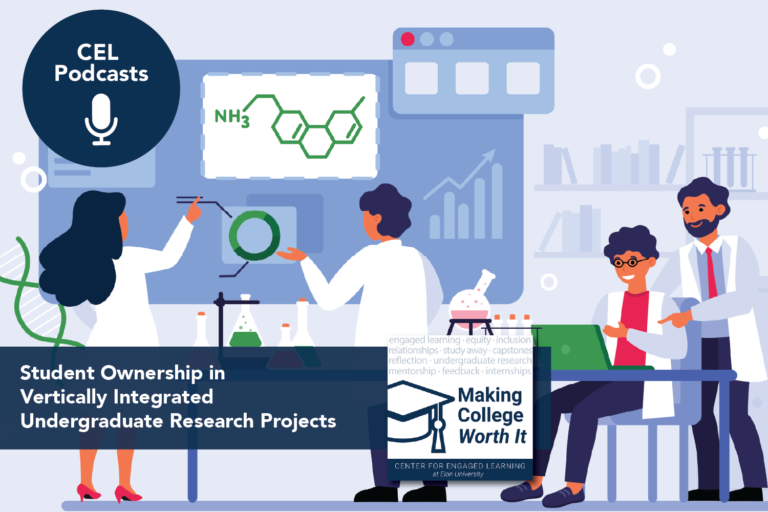 Cartoon image of four people in a chemistry lab, with two working at a white board and two working at a computer. Text overlays read, "CEL Podcasts. Making College Worth It. Student Ownership in Vertically Integrated Undergraduate Research Projects."