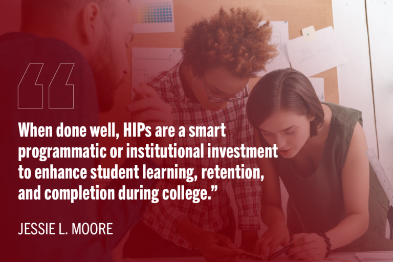 Stuednts working together in professional environemnt with text: "when done well, HIPs are a smart programmatic or institutional investment to enhance student learning, retention, and completion during college.