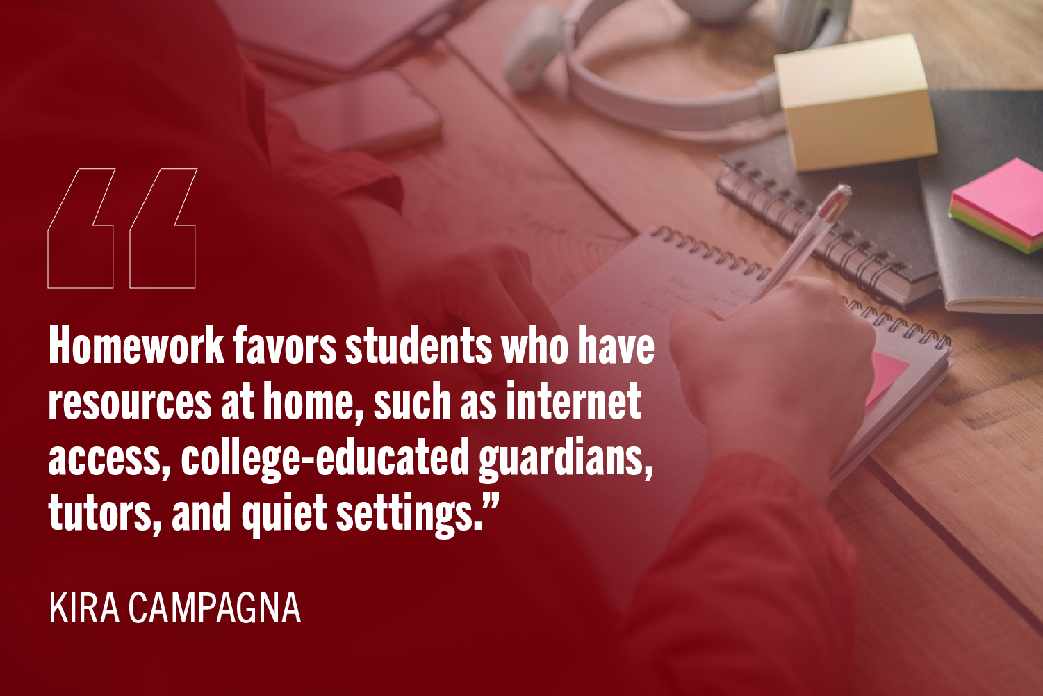 High school student sitting at a table doing homework with notes and headphones, alongside the quote: “Homework favors students who have resources at home, such as internet access, college-educated guardians, tutors, and quiet settings.”
