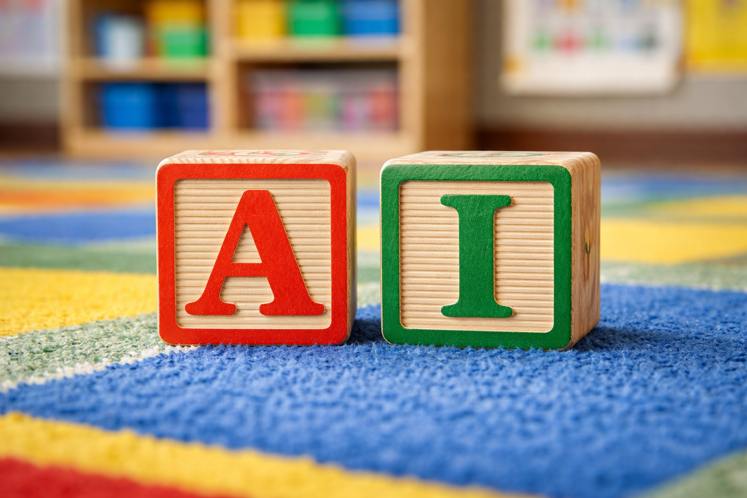 AI generated image of two wooden alphabet blocks spelling "AI"