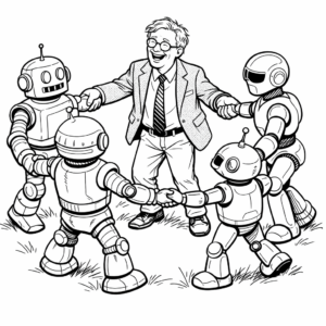 ChatGPT-generated illustration of a professor smiling and playing ring-around-the-rosie with cartoon robots.