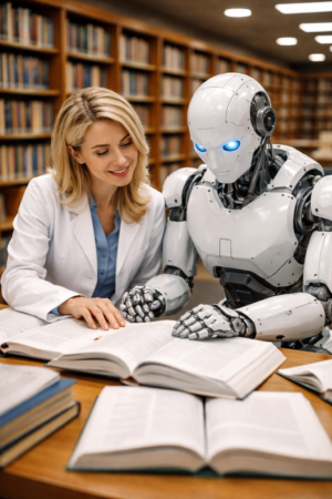 AI-generated image of a robot and a woman in a lab coat reading together in a library.
