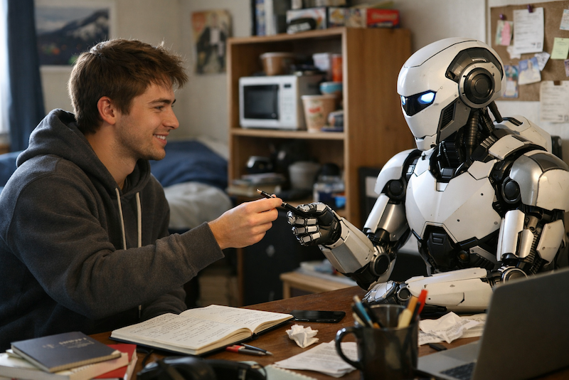 Life size realistic robot handing college student a pencil in dorm room