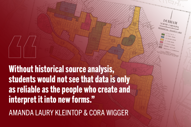 Quote: "Without historical source analysis, students would not see that data is only as reliable as the people who create and interpret it into new forms." with redlined map in background.