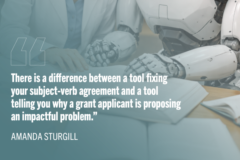 AI-generated image of a robot and a woman in a lab coat reading together in a library. Quote text: "There is a difference between a tool fixing your subject-verb agreement and a tool telling you why a grant applicant is proposing an impactful problem.”