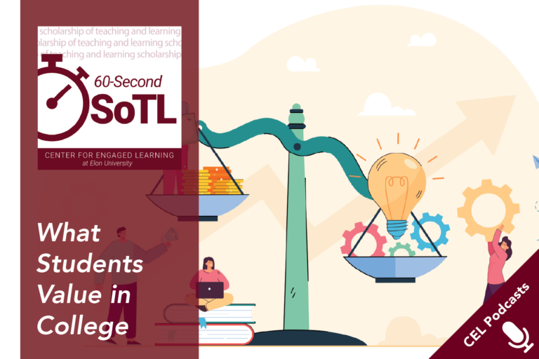 Cartoon figures put money on one side of a scale and figures representing ideas on the other side of the scale. Text overlays read: "CEL Podcasts. 60-Second SoTL. What Students Value in College."