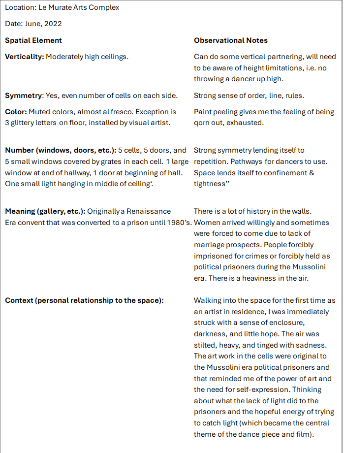 Two columns with observational notes about a performance location's spatial elements and contextual notes