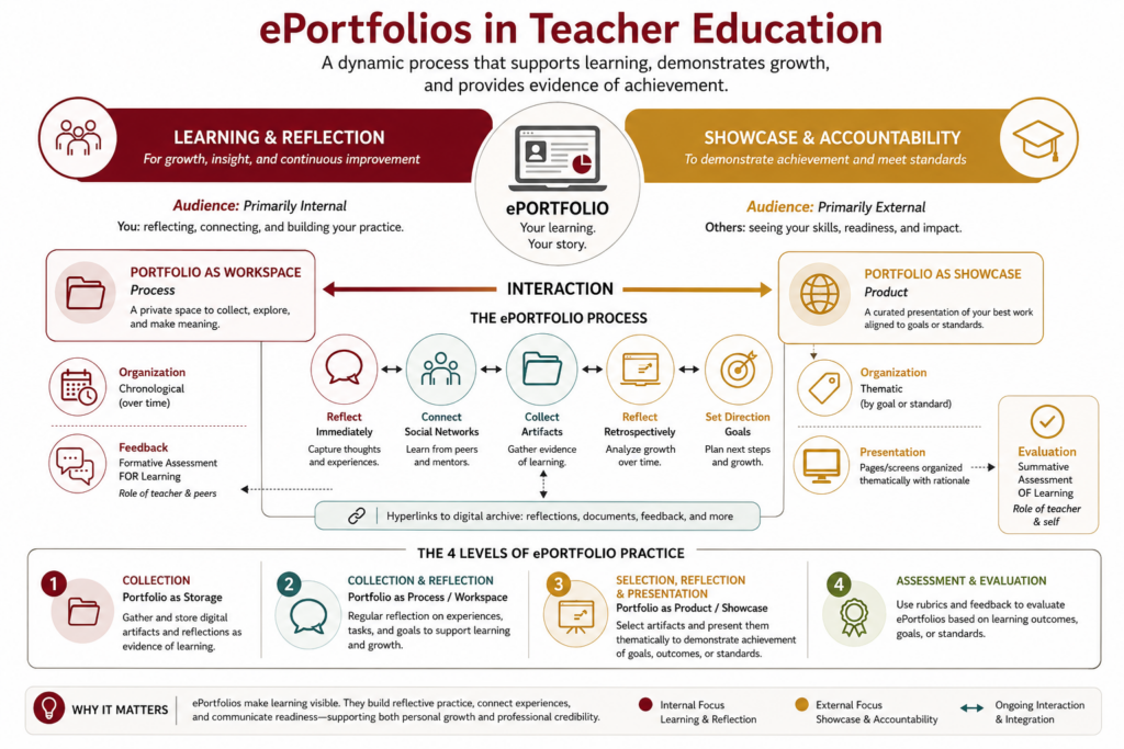 Infographic showing the two complementary purposes of ePortfolios in teacher education: Learning and Reflection, which emphasizes collecting artifacts, reflection, collaboration, and feedback, and Showcase and Accountability, which emphasizes selecting artifacts, demonstrating achievement, and evaluation. A continuum below shows the progression from collection to assessment and evaluation.