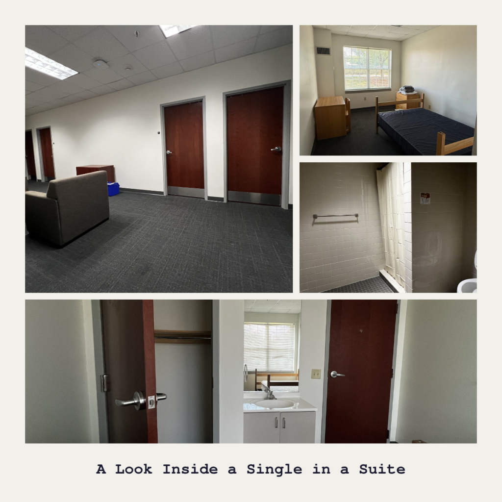 Four photos show 1) a small lounge area within a residence hall suite, 2) a bedroom with a double bed, a desk and chair, and a dresser, 3) a shower and toilet in an adjacent room, and 4) a sink and closet in the bedroom.