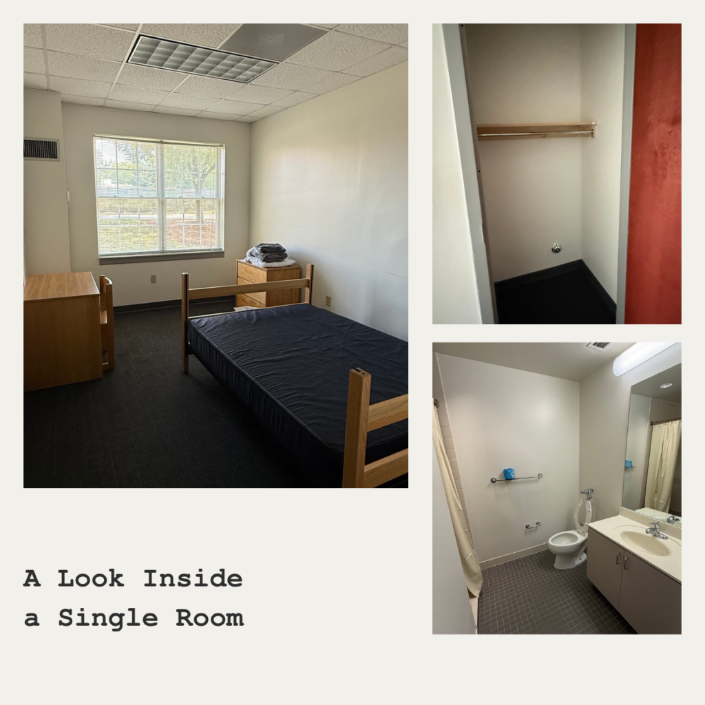 A collection of three photos shows 1) a bedroom with a double bed, a desk and chair, and a dresser, 2) a closet in the bedroom, and 3) an in-suite bathroom with a sink, toilet, and shower.