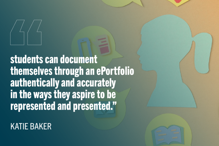 Image of girl outline with many interests and personality signs around her. Quote text: "students can document themselves through an ePortfolio authentically and accurately in the ways they aspire to be represented and presented.”