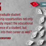 Maroon colored quote states, "Undergraduate student leadership opportunities not only positively impact the educational experience of a student, but carries into their career as well" on a gray background with one red boat hat leading a trail of white paper boat behind it.
