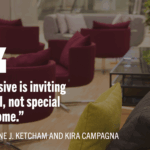 Arrangement of burgundy, lime green, and natural wooden swivel chairs in a professional lounge area with white text: "Inclusive is inviting for all, not special to some" by Caroline Ketcham and Kira Campagna