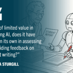 AI-generated image of professor handing student paper to a robot to grade. Quote: "If AI is of limited value in detecting AI, does it have value on its own in assessing or providing feedback on student writing? "