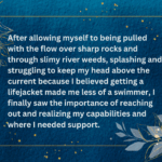 Blue background with gold lines forming a border and leaves in two corners. Text reads, "After allowing myself to being pulled with the flow over sharp rocks and through slimy river weeds, splashing and struggling to keep my head above the current because I believed getting a lifejacket made me less of a swimmer, I finally saw the importance of reaching out and realizing my capabilities and where I needed support."
